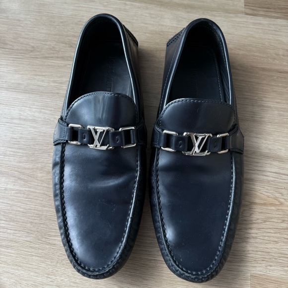 LOUIS VUITTON Black Leather Mens Loafers Moccasins Slip On Size 10 - Picture 1 of 12
